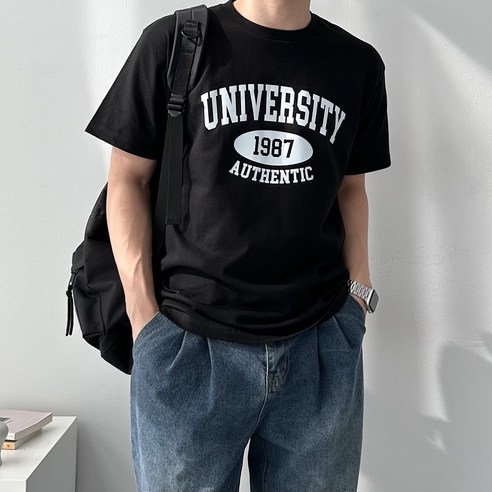 남녀공용 오버핏 면 반팔티 반팔 루즈핏 티셔츠 유니버시티반팔티