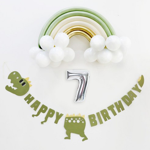 이베이비랜드 무지개 생일 풍선 세트 유칼립골드 숫자4 풍선 소 + 공룡 가랜드, 7, 실버(숫자7)