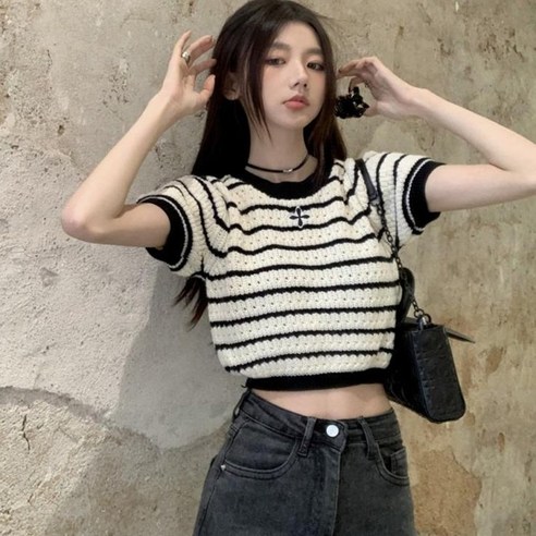 [쿠팡] 크롭 스트라이프 니트 크롭티 단가라 사랑스러운 여름 반팔티 줄무늬 데일리