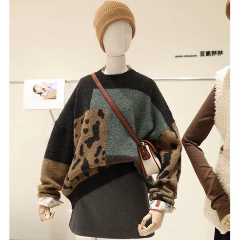 KORELANMiss Xuan 한국 여성 가을 ​​겨울 신작 인스웨터 라운드넥 루즈한 와일드 컬러 매칭 레오파드 스웨터