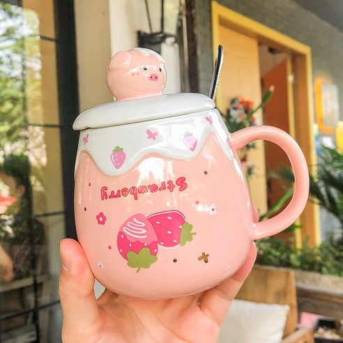 DFMEI 캐릭터 돼지 배불뚝이 도자기 컵 핑크 러블리 물컵 뚜껑 사무실 아이디어 머그컵, 색깔2_500ml