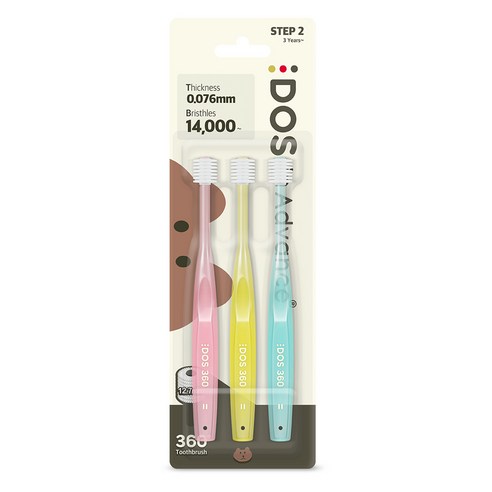 DOS 유아용 360도 칫솔 2단계 3종 세트, 라이트핑크+레몬+아쿠아블루, 2개