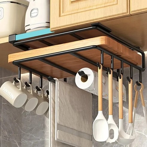 스텐 무타공 주방 싱크대 상부장 틈새 조리도구 걸이 Kitchen Hanging Organizer Rack with Hooks, black