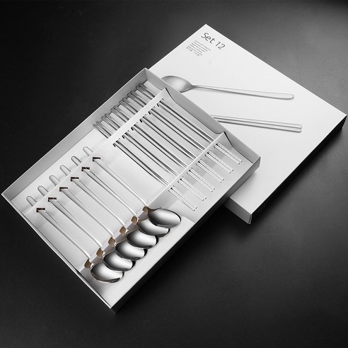 Keyiyijia 304 스테인리스 스틸 실버 숟가락 6개입 + 반사각형 젓가락 ZK003