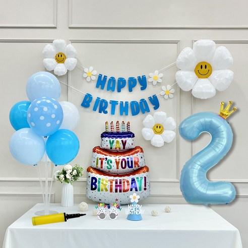 연지마켓 생일 파티 케이크 데이지 왕관 숫자 풍선 가랜드 세트, 1세트, 케이크 블루B 2
