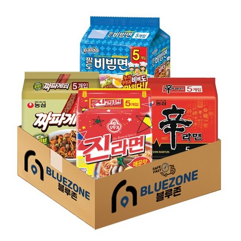 오뚜기 농심 팔도 봉지라면 4종 세트 (신라면5P + 진라면매운맛5P + 짜파게티5P+ 팔도비빔면5P), 1세트