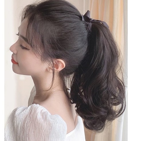 가발위드 웨이브 무광 끈 묶음형 포니테일 다나, 1개, 블랙브라운40cm