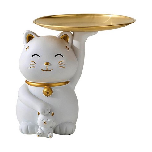 귀여운 고양이 동상 보관 트레이 주요 보석 주최자 사탕 용기 입구 부엌 침실 크리스마스 장식품을위한 수지, 회색