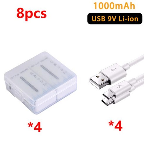 멀티 미터 워키 토키 RC 자동차 9V 충전식 리튬 이온 배터리 1000mAh 고용량 USB, 03 8개_01 type-c
