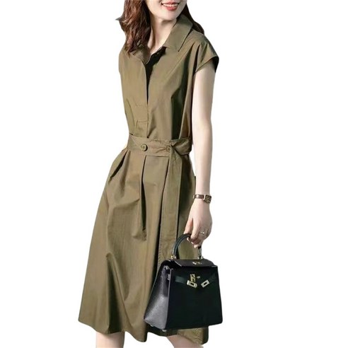 ROYALBELLE 여성용 여름 무지 허리 스트랩 반팔 원피스 루즈핏 셔츠 정장 원피스 데일리룩 H042715 AN