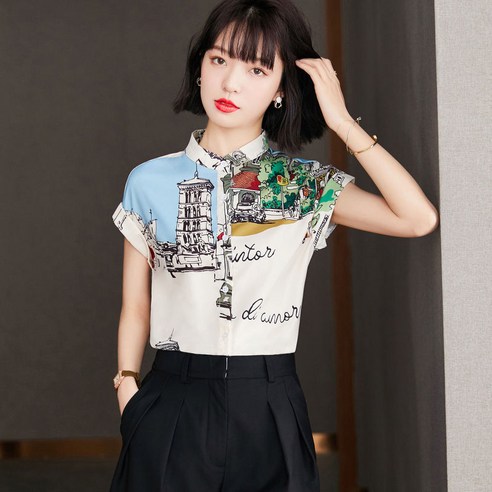 SURBORT 여름쉬폰녀 디자인 센스있는 차이나넥의 서양식 반팔셔츠