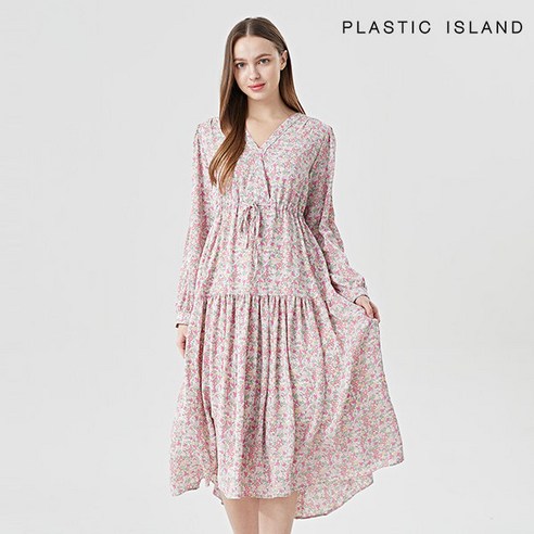 플라스틱아일랜드 여성 여자 원피스 V넥 허리 끈 플라워 플레어 (PPTWO001)