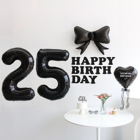 이벤트홀릭 블랙 풍선 생일파티용품세트 (자유레터링) 리본 숫자 풍선 가랜드, 1개, 25