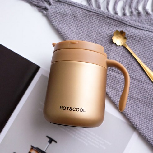뚜껑 커피 컵 가정용 머그잔과 남성과 여성을위한 스테인레스 스틸 보온병 컵, 금색, 500ML