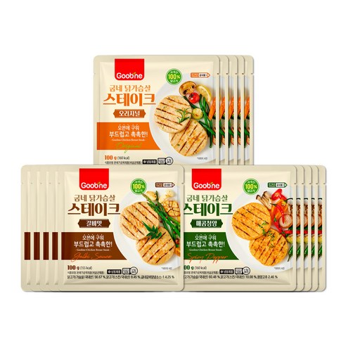[굽네] 닭가슴살 스테이크 3종 15팩 맛보기 (오리지널/매콤청양/갈비맛), 1SET