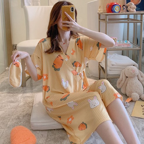 DFMEI-Y 기모노 잠옷 여성 여름 반팔 Nightdress 목욕 가운 느슨한 대형 잠옷 여성 봄과 가을 중간 길이 가운, DFMEI Drawstring 반팔 무 토끼 머리, S 사이즈 (80-95 Jin 권장)