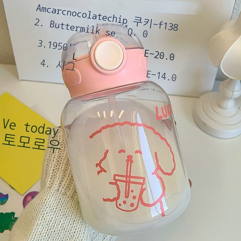 사랑스러운 빨대 물컵 여자 고안치 여름 간편한 떨어뜨림 방지 물컵 탄개 플라스틱 물컵, 핑크 스티커 없음 카우보이 없음, 600ml