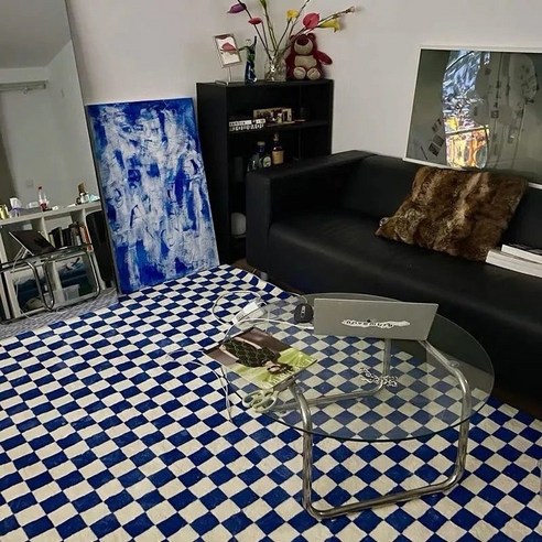 인조 캐시미어 체크 무늬 깔개 극세사 카페트, 네이비 블루, 80×120 cm(모조 캐시미어)