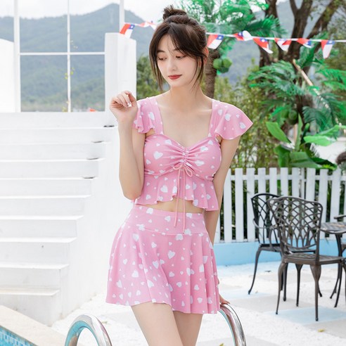 구미 하트 프린트 분체 수영복 여름 귀여운 스커트 팬츠 수영복, 핑크/핑크, M【80-95근】