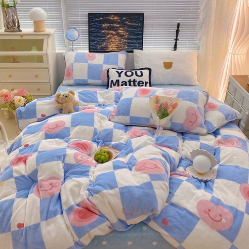 따뜻한 패딩 4 피스 침구, 푸른 사랑, 1.5 미터 침대 시트 4 조각 이불 커버 2 미터