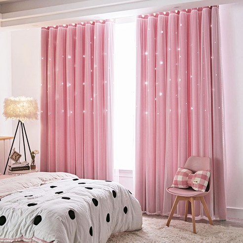 에쉬울프 펀칭 별 차광+레이스 이중지 커튼 1pc, 270*230cm, 핑크