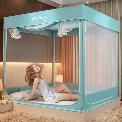 MEIISEO 가정용 모기장 침대 원터치 모기장, 1.2 m 침대, 방진 탑 파란 녹색