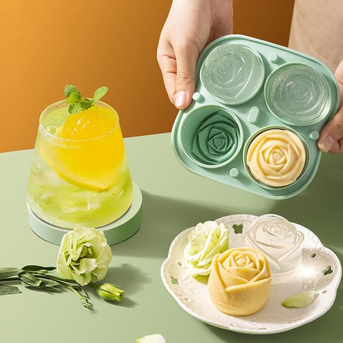 로즈 대형 4구 실리콘 얼음 트레이 원형 아이스 얼음틀 위스키 볼 통 몰드 곰돌이 크림 큐브 캐릭터 메이커 냉동실 왕 어름 푸쉬 하이 동물 ice mold 바스켓 반자동, R49056E(그린