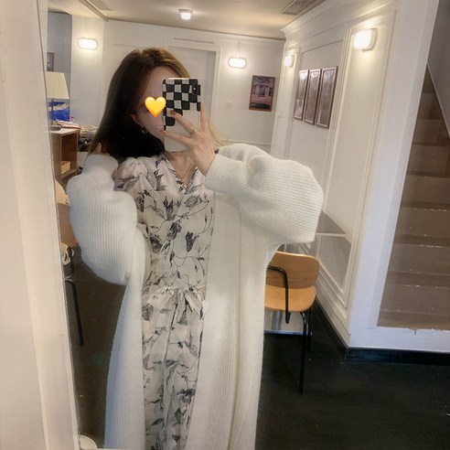 루오코 봄과 가을 중간 길이 게으른 스타일 카디건 여성 서양식 작은 단색베이스 셔츠 니트 스웨터 코트 투피스 세트