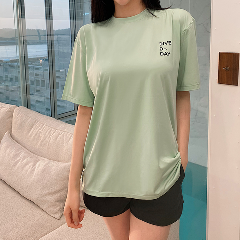 오니몰 다이브 커플 남자 여자 실내 스윔 비치웨어 빅사이즈 루즈핏 반팔 래쉬가드 상의 수영복, 민트