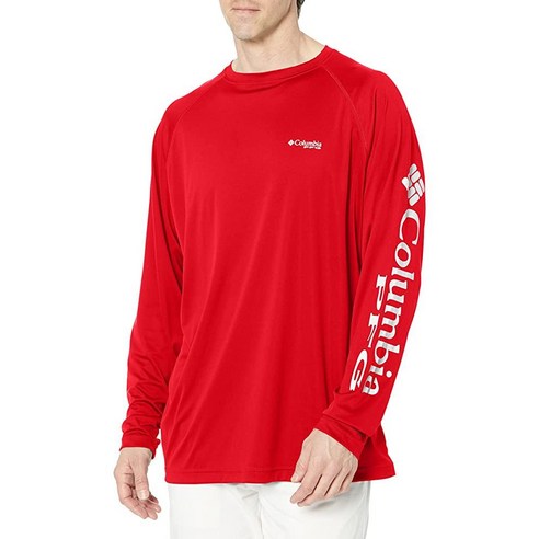 Columbia 남성용 PFG 터미널 태클 UPF 50 긴팔 낚시 티셔츠 립타이드/화이트 로고 스몰, Small, Red Jasper/Cool Grey Logo