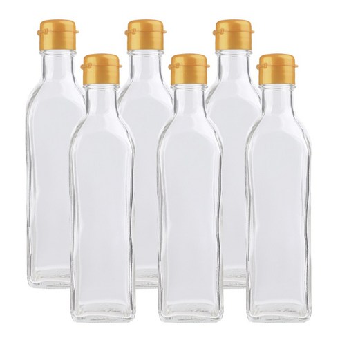 가인글로벌 사각기름병300FN 투명 유리병, 원터치캡(소) 골드, 6개, 300ml