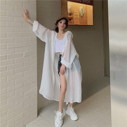 WEIHAN 빅사이즈 여성용 롱 후드셔츠 오버핏 자외선차단 긴팔 블라우스 데일리룩 여름 아우터, 화이트, XL