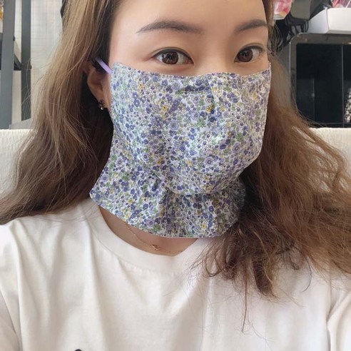 [미스블혹] 안감기모2단 햇빛가리개 꽃 무늬 무지 면 마스크, 잔꽃블루, 1개, 1개