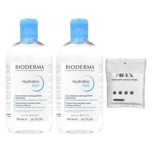 바이오더마 하이드라비오 H20 클렌징워터 2개입 + wipex 퓨어 소프트 코튼 타월 6개입, 1개, 1000ml
