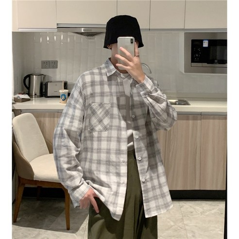 KORELAN 가을 빈티지 체크 패치 셔츠 남성 긴팔 상의 루즈핏 캐주얼 셔츠 커플룩 아우터 패션