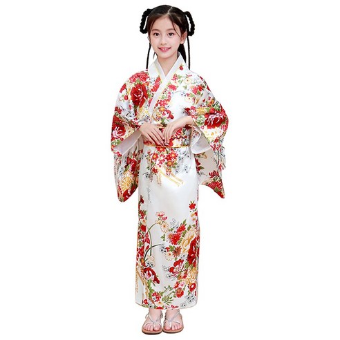 어린이 일본 전통 기모노 유카타 개량 의상 민속 한복 치마 드레스 롱 스커트 차이나 코스프레 자수 동양 플라워 F-6053