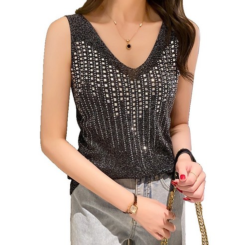 여성 봄여름 브이넥 니트 나시 스팽글 포인트 하프기장 루즈핏 민소매 티셔츠 톱 Women's Sling