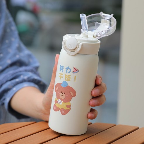 smy보온병 컵 큰 배꼽 컵 귀여운 어린이 학생 가을 겨울 간단한 여성의 찾고 휴대용 컵, 건조쌀360Ml+짚+핸들, 하나