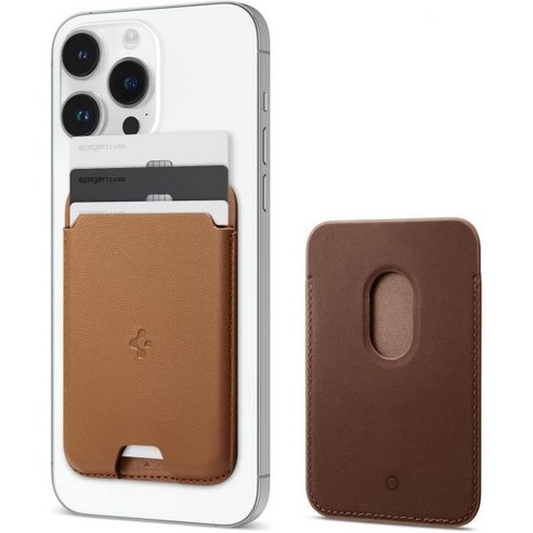 Spigen 슈피겐 발렌티누스 (매그핏) 마그네틱 지갑 카드 홀더 2-아이폰 15 아이폰 14 13 12 모델과 호환되는 MagSafe용으로 설계된, PU Brown, 3-Cards, 1개