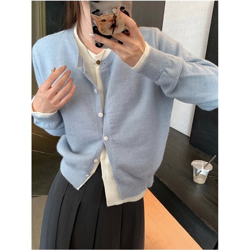 리리스토어 레이어드 배색 가디건 투톤 라운드넥 가디건