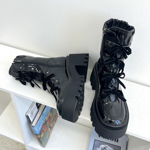 벨벳리본 에나멜 워커힐 8cm 통굽 오버솔 워커부츠 16cm굽워커