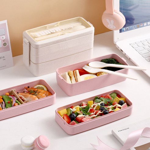밀짚 더블 레이어 도시락 전자 레인지 봉인 휴대용 분리 신선한 유지 상자 점심 상자, 750ml_핑크