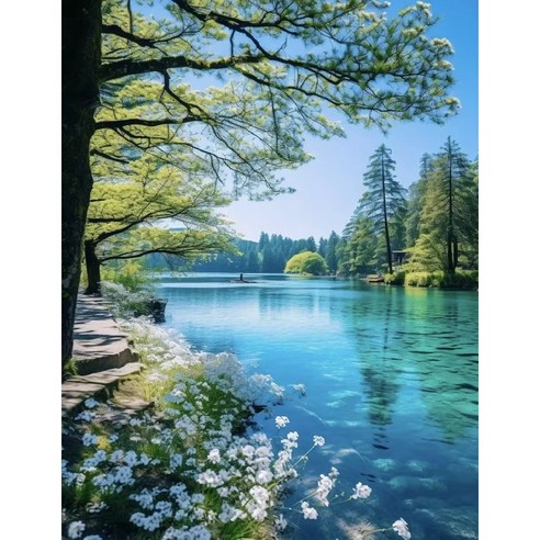 재물운 24색 피포페인팅 호수 삼나무 숲 푸른 시원한 물그림 풍경화 성공운 금전 모으는 풍수 DIY캔버스페인팅 집들이 개업선물, 재물운 호수 삼나무 숲 자연풍경그리기1, 30cmx40cm(캔버스페인팅)