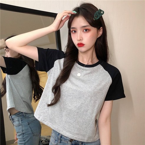 D656 # 진짜 (6535) 닫기 피팅 슬리밍 대비 컬러 탑 루스 반팔 티셔츠 여성 스트리트