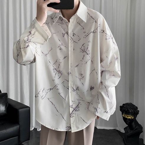 KORELAN 봄 시즌 트렌디 홍콩 인스 나염 긴팔 셔츠 남녀 캐주얼 bf 트렌드 오버핏 셔츠 코트