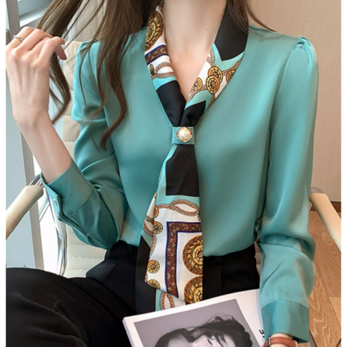 고급스러운 가을 블루시크 스카프 블라우스