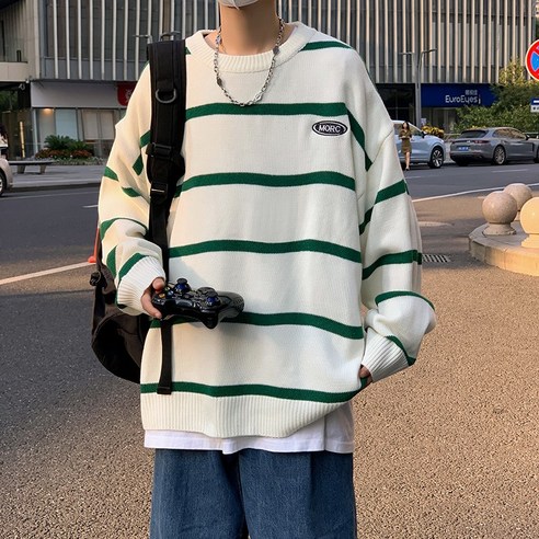 smy스트라이프 라운드 넥 스웨터 남자 가을 겨울 패션 브랜드 풀오버 스웨터 한국식 느슨한 모든 일치 게으른 스타일 긴 소매 스웨터