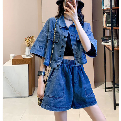 모모라티 여성용 데님 크롭 자켓과 반바지 세트 데님투피스