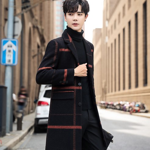 ANKRIC 남자 체크 모직 코트 가을 겨울 캐주얼 트렌치코트