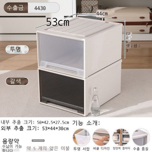 옷 수납함 플라스틱 서랍식 수납함 투명 데스크톱 거실 옷장 보관함 수납장 정리함, 투명한 모양, [4430] 깊이 53* 너비 44* 높이 30cm